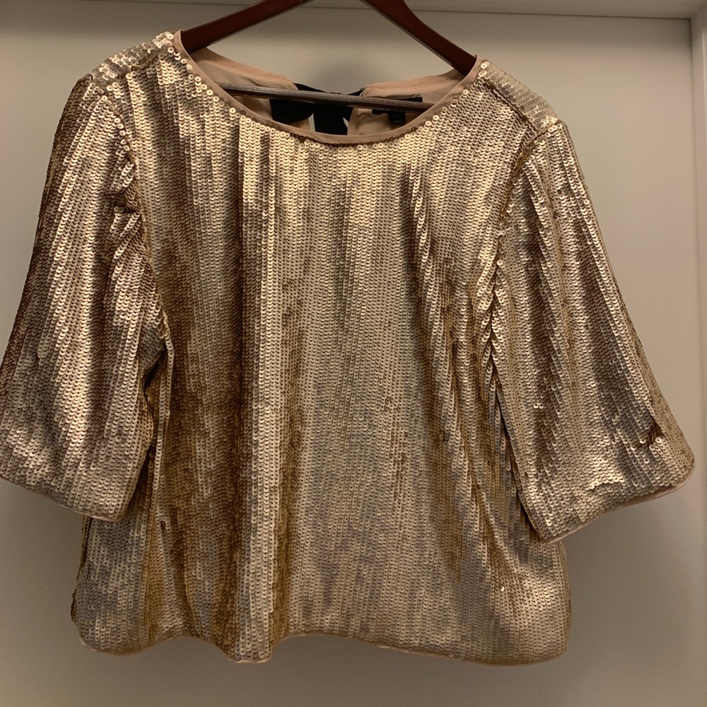 J Crew Gold sequin ribbon tie back top